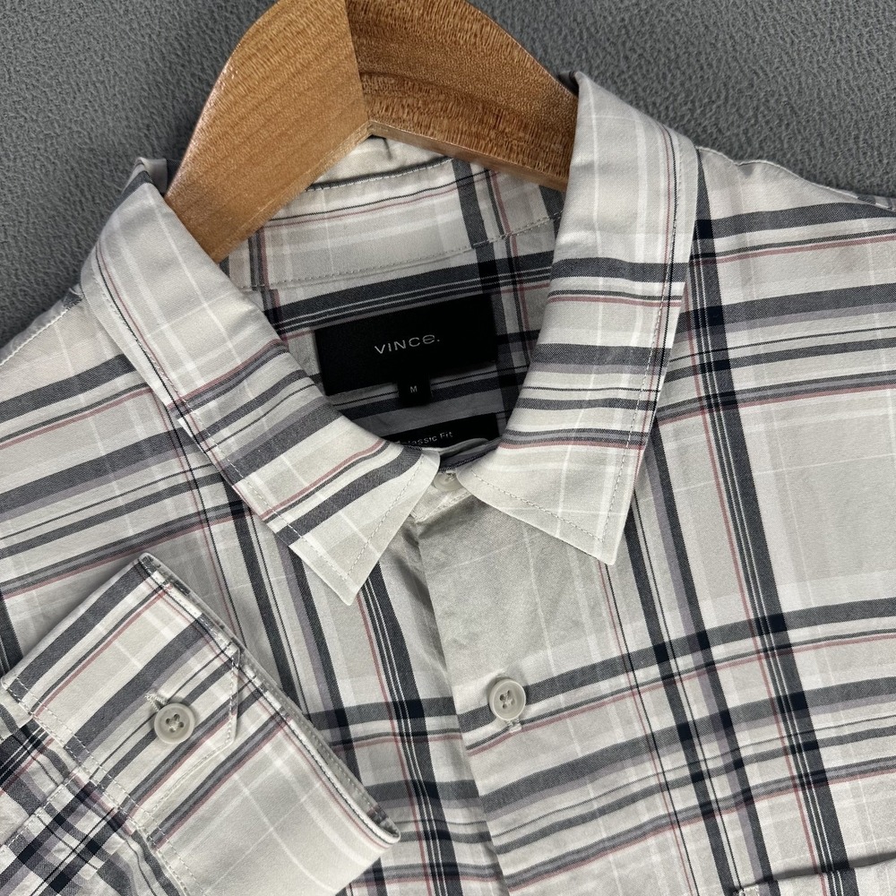 Vince Shirt Mens Medium Grey White Classic Fit Performance‎ Lyocell Luxe Fabric